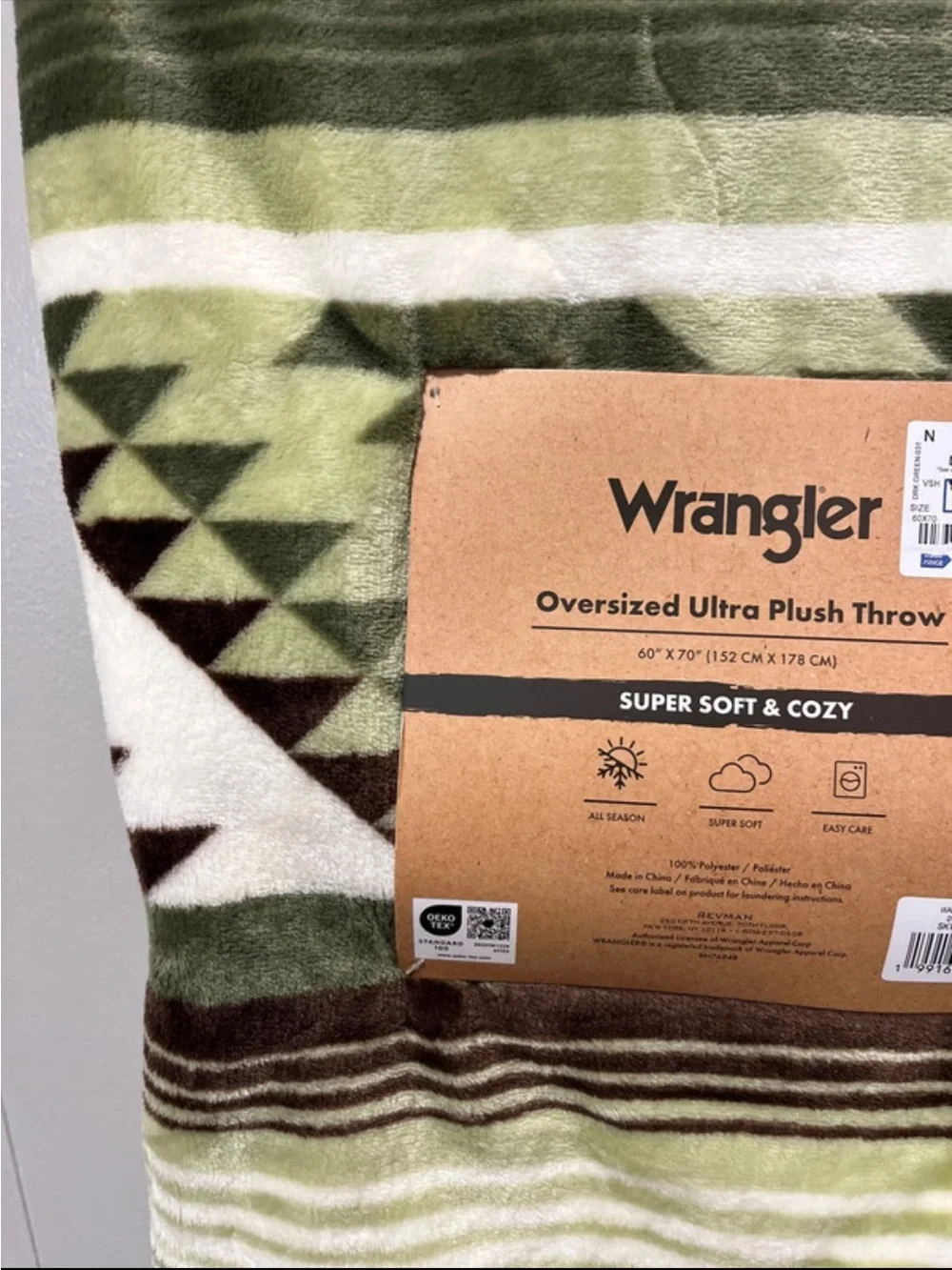 Wrangler Olive Green Brown Striped Plush Throw